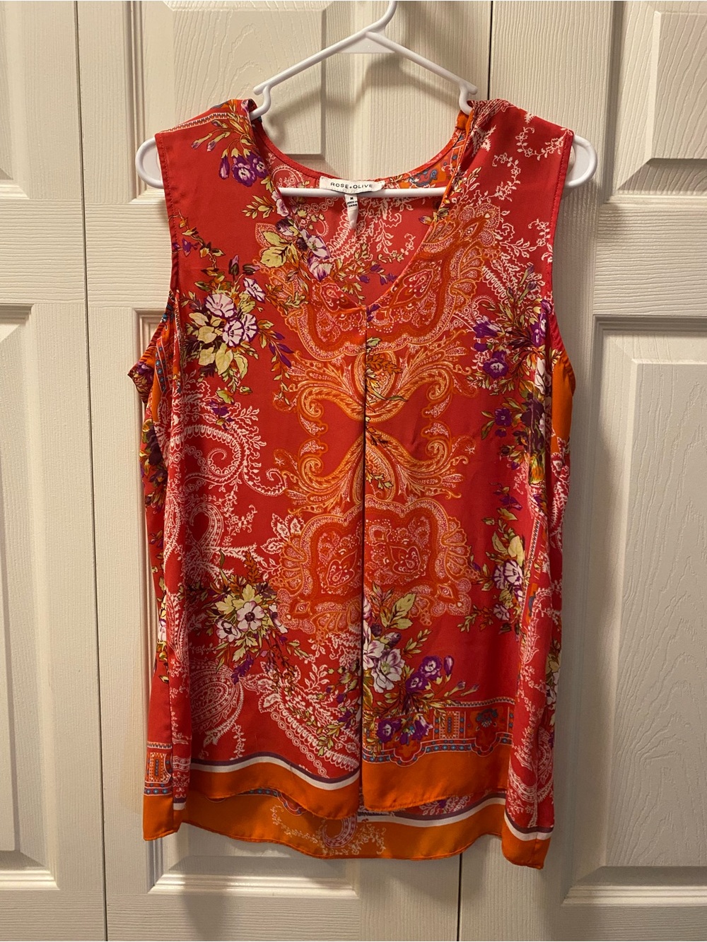 Rose & Olive Red-Orange Paisley Floral Sleeveless Blouse Size Medium